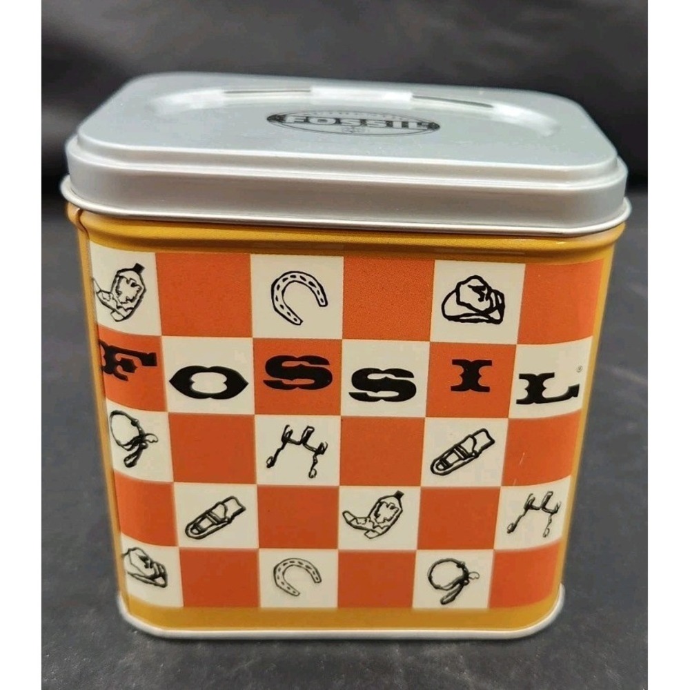 Authentic Fossil Metal Tin Stash Can with Lid Western Images Design VGC